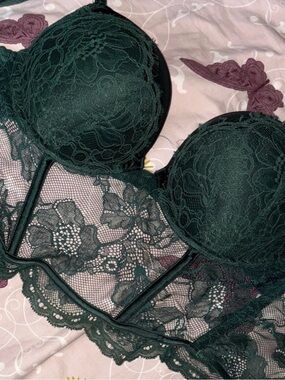 Victoria's Secret Dark Green Lace Longline Corset Bra